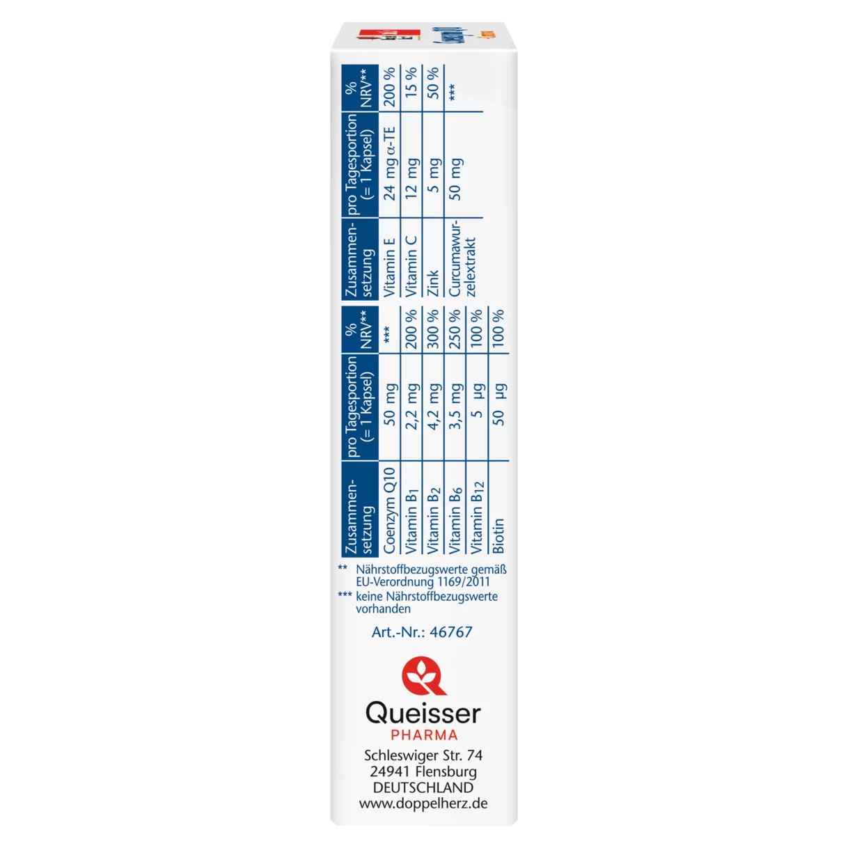 Illustration of the product packaging Doppelherz aktiv Coenzym Q10 + Curcuma  side view left